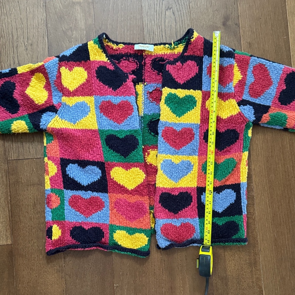 VINTAGE Talbots Heart Patchwork Cardigan - Red, Yellow, Blue, Green, Black - Picture 4 of 7